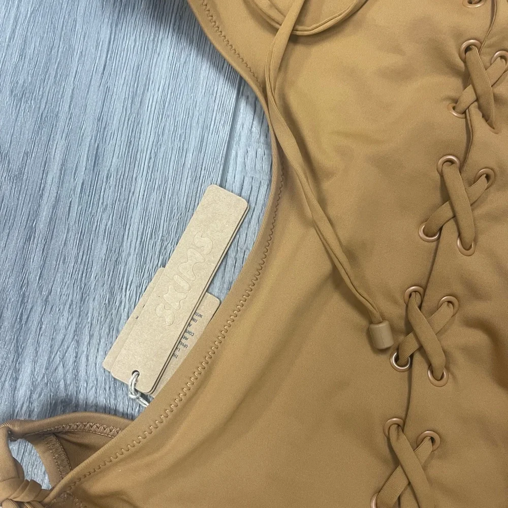 Women’s Tan Lace-Up One-Piece Swimsuit - Halter Tie